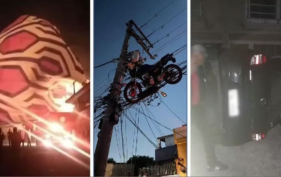Balão de grande porte cai, levanta moto e atinge rede elétrica em São Paulo; veja vídeo