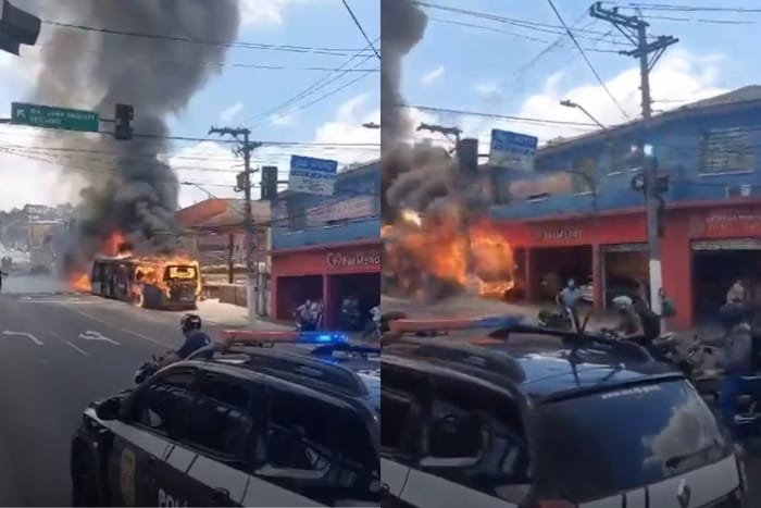 Ônibus pega fogo e atinge poste na zona sul de São Paulo