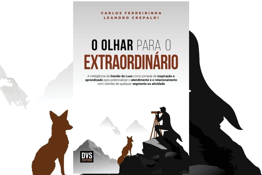 Capa do livro "O Olhar para o Extraordinário" trazendo a silhueta de um explorador com uma luneta e um animal