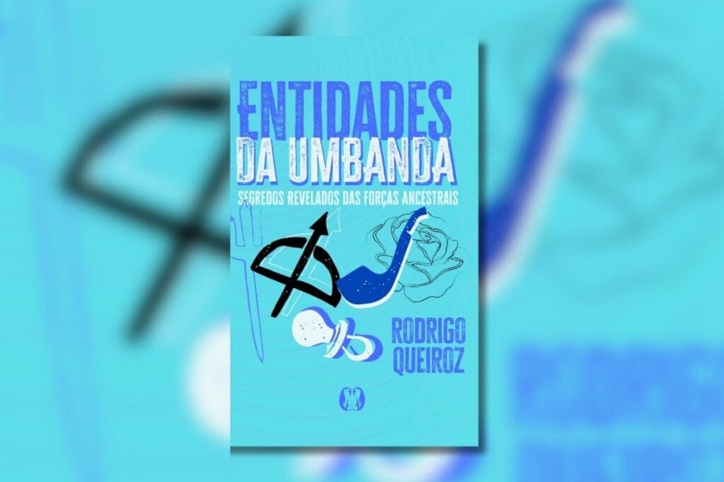 Capa do livro "Entidades da Umbanda" em azul-claro com a ilustração de objetos da umbanda 