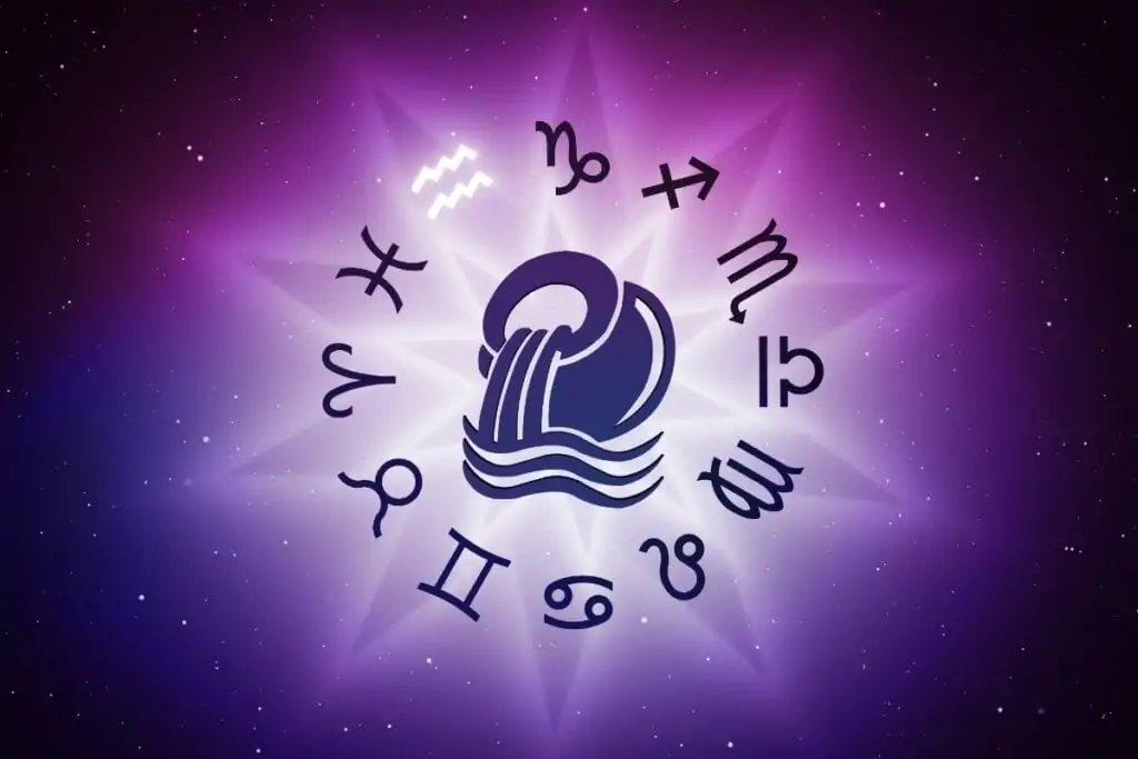 Ilustração do signo de Aquário em um círculo com os 12 signos do zodíaco e um fundo roxo