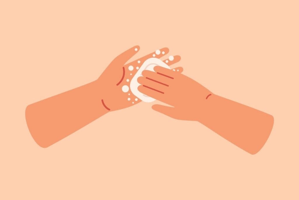 Ilustração de mãos sendo lavadas com sabonete