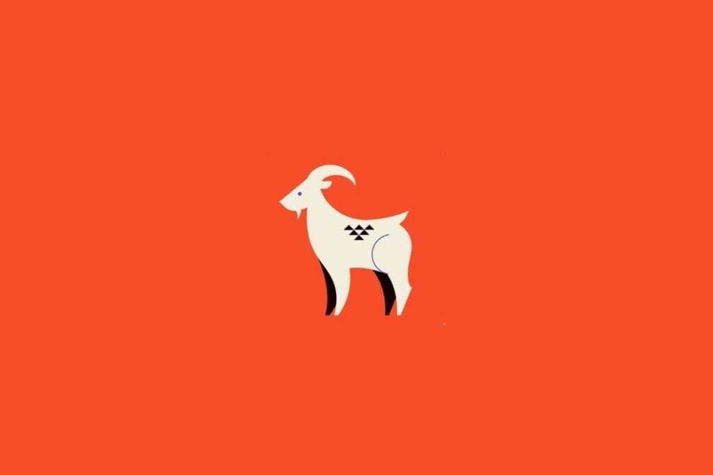 Ilustração de uma cabra bege com patas pretas em um fundo laranja