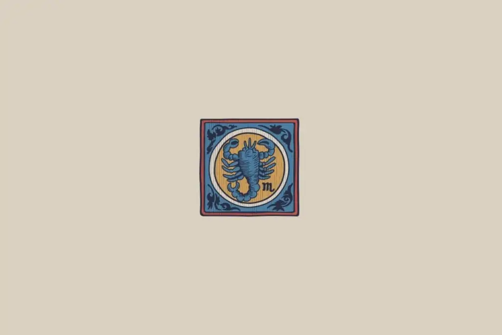 Ilustração do signo de Escorpião em um estilo medieval, representando um escorpião azul sobre um fundo dourado, com detalhes decorativos azuis