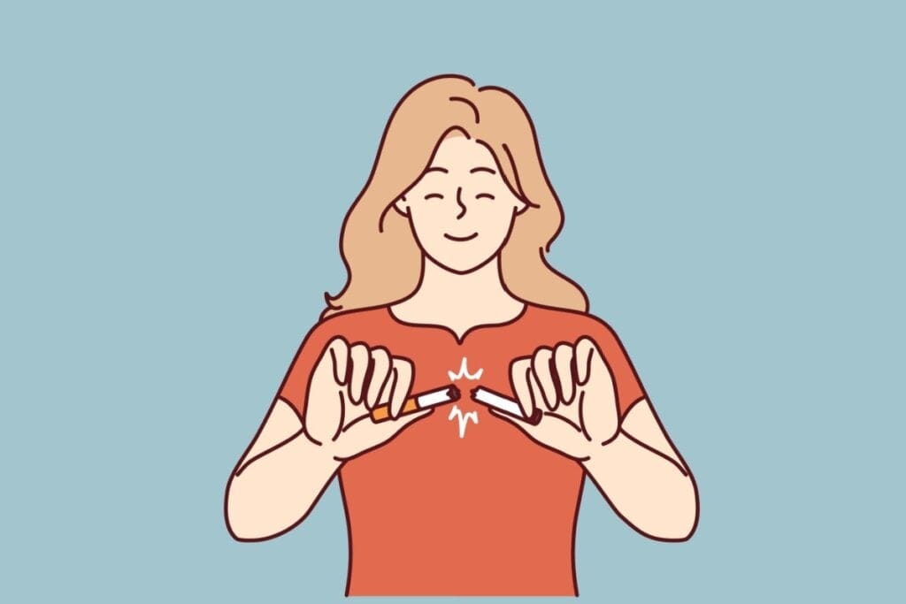 Ilustração de uma mulher jovem quebrando um cigarro ao meio