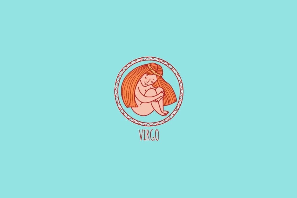 Ilustração do símbolo de Virgem, representado por uma figura feminina com longos cabelos ruivos, sentada dentro de um círculo decorativo em um fundo azul-claro
