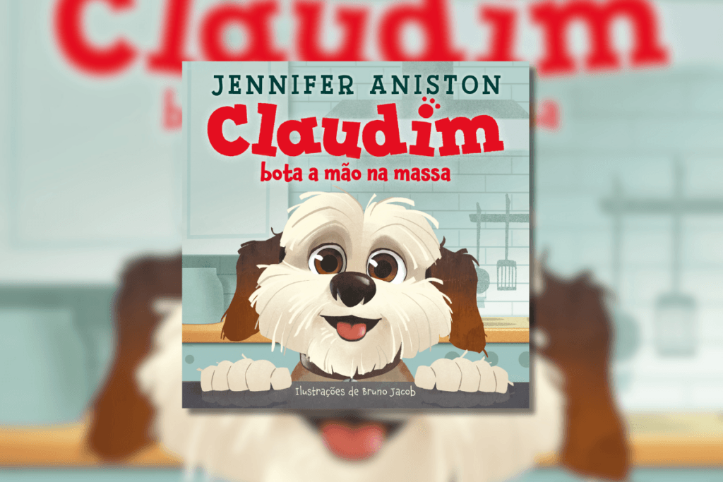 Capa do livro "Claudim bota a mão na massa", com ilustração de um cachorro animado, de pelos brancos e marrons, apoiado em uma bancada