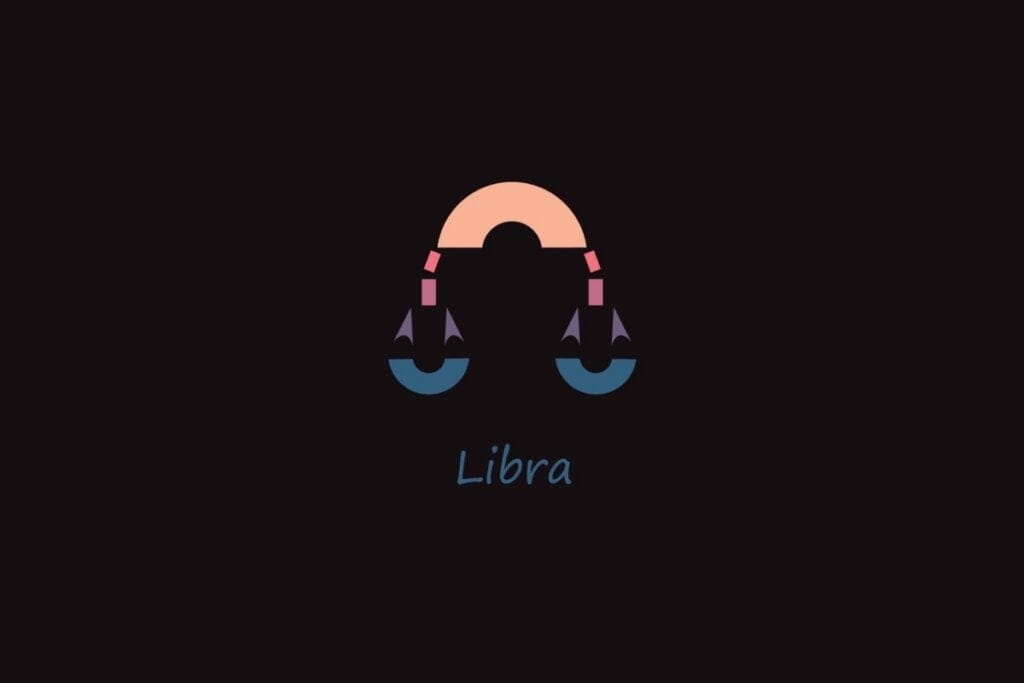 Ilustração do signo de libra em formato geométrico nas cores rosa, roxo e azul