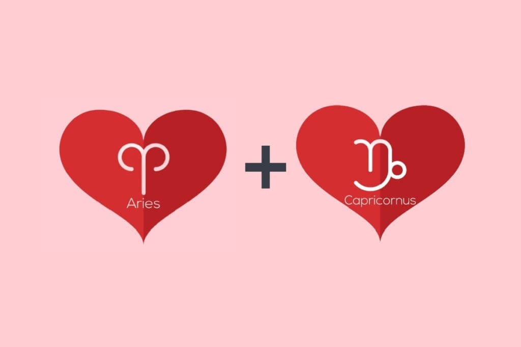 Dois corações vermelhos em um fundo rosa, um com o símbolo de Áries em formato de “V” curvado e outro com o símbolo de Capricórnio semelhante a um “N” estilizado com uma curva inferior, com um sinal de adição preto entre eles