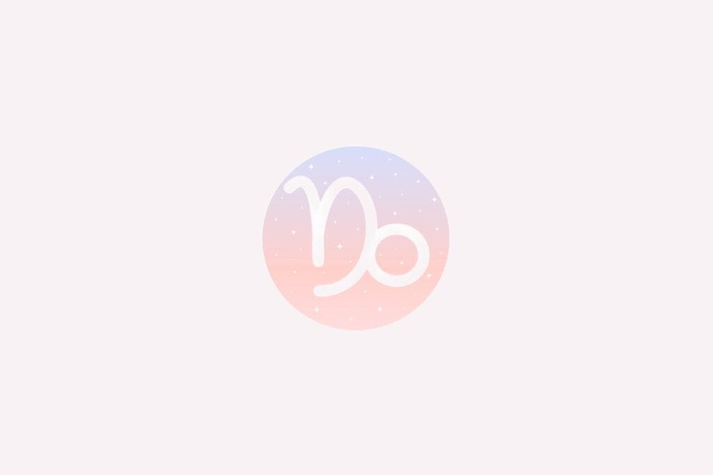Ilustração do signo de Capricórnio com traço curvo branco e gancho na extremidade, em fundo rosado com estrelas