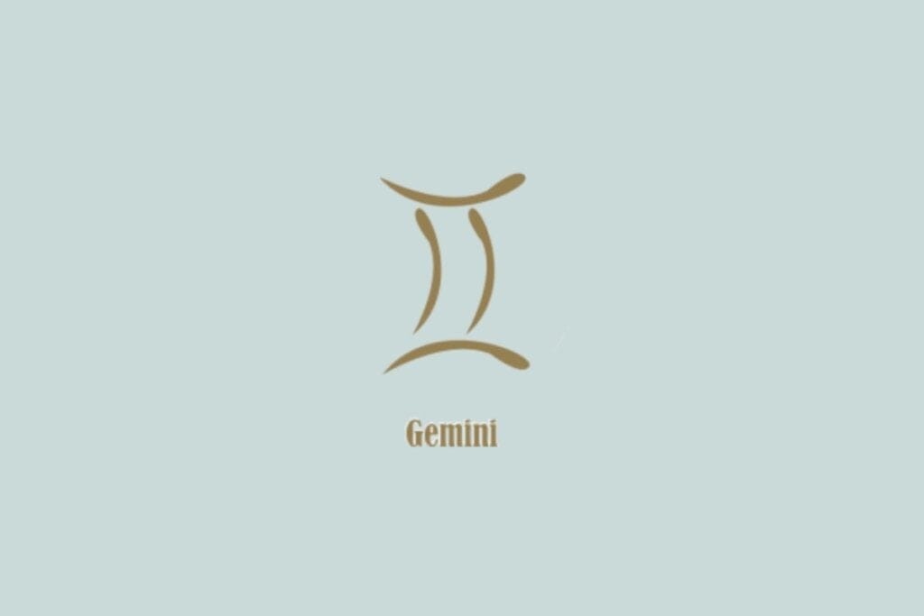 Símbolo dourado de Gêmeos, formado por duas linhas curvas paralelas, com a palavra "Gemini" abaixo, em fundo azul-claro