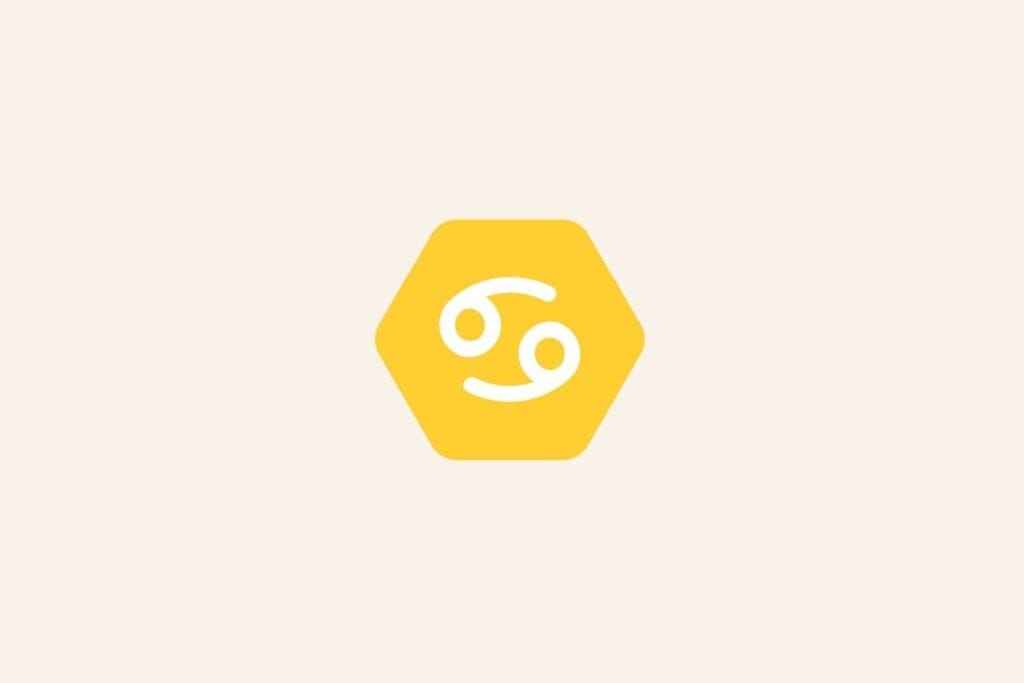 Ilustração do signo Câncer, com símbolo branco semelhante a dois números seis opostos sobre fundo amarelo em hexágono
