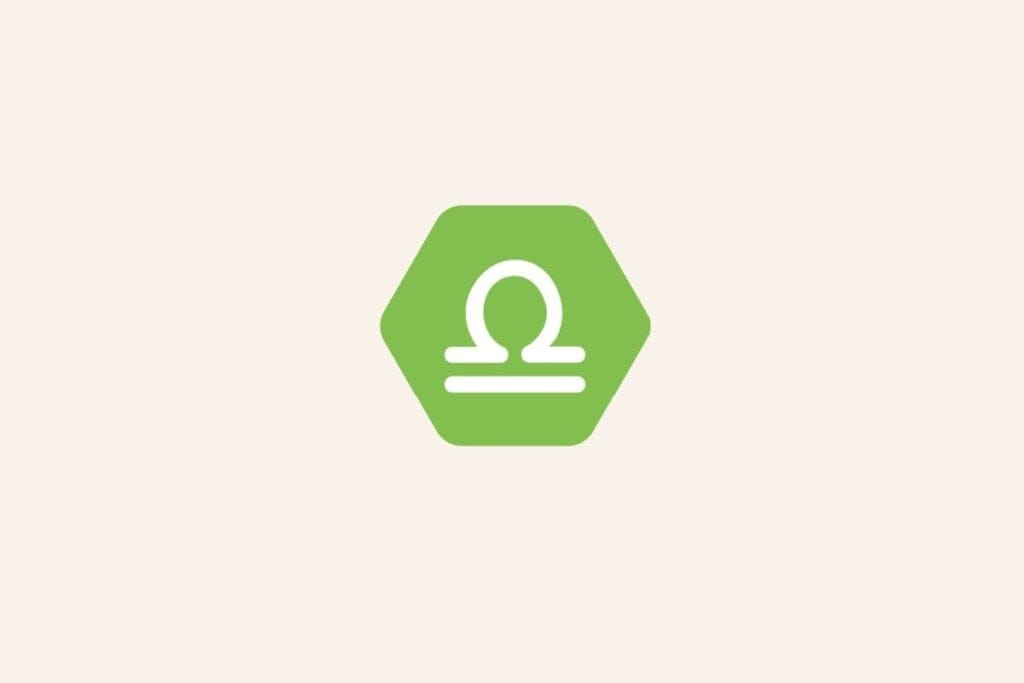 Ilustração do signo Libra, com símbolo branco representando uma balança sobre fundo verde-claro em hexágono