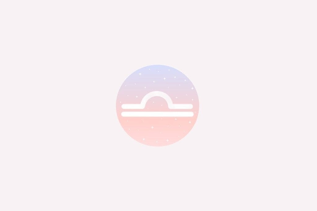 Ilustração do signo de Libra com linha curva sobre reta horizontal branca, em fundo rosa e azul com estrelas