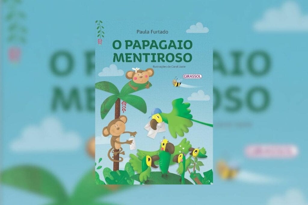 Capa do livro "O papagaio mentiroso" com a ilustração de um papagaio e um macaco na floresta 