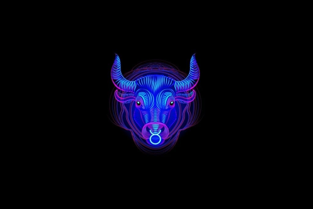 Ilustração do signo de touro em roxo e rosa em um fundo preto