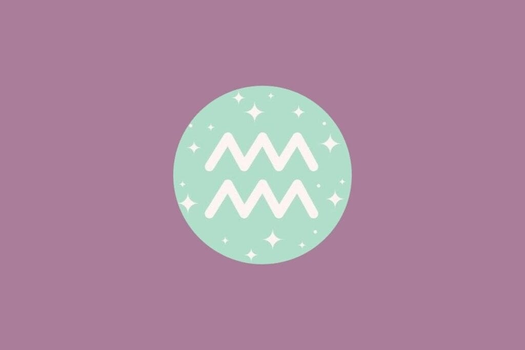 Ilustração do signo de aquário em um círculo verde e em um fundo roxo