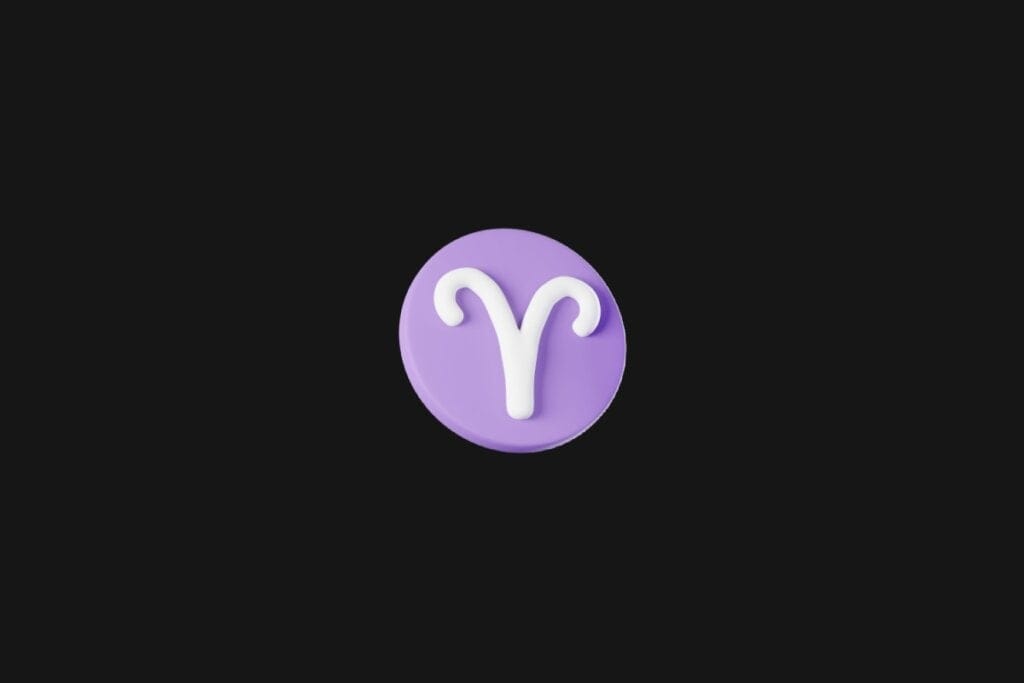 Ilustração do signo de áries em um círculo roxo e em cima de um fundo preto 