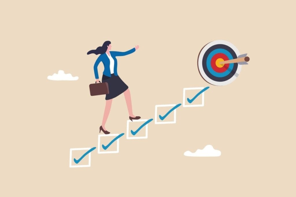 Ilustração de mulher subindo escada rumo ao sucesso no mercado de trabalho