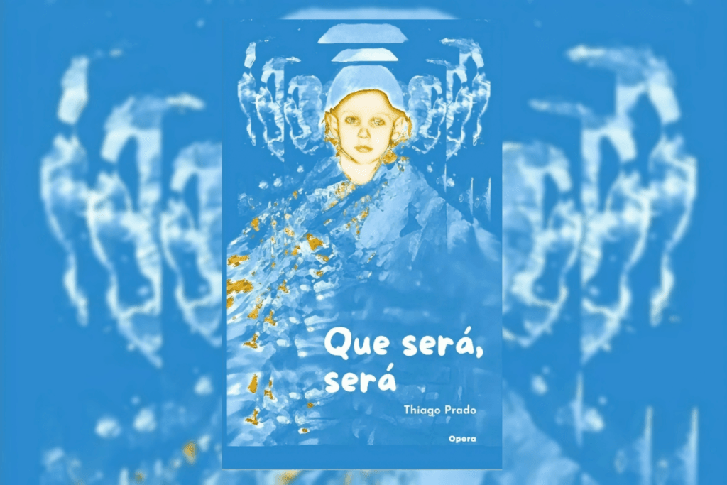 Capa de livro azul com título e nome do autor com o espectro de uma imagem de uma criança
