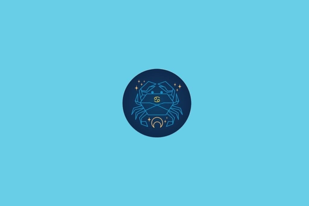 Ilustração do signo de Câncer com a figura de um caranguejo, envolto em estrelas e detalhes dourados