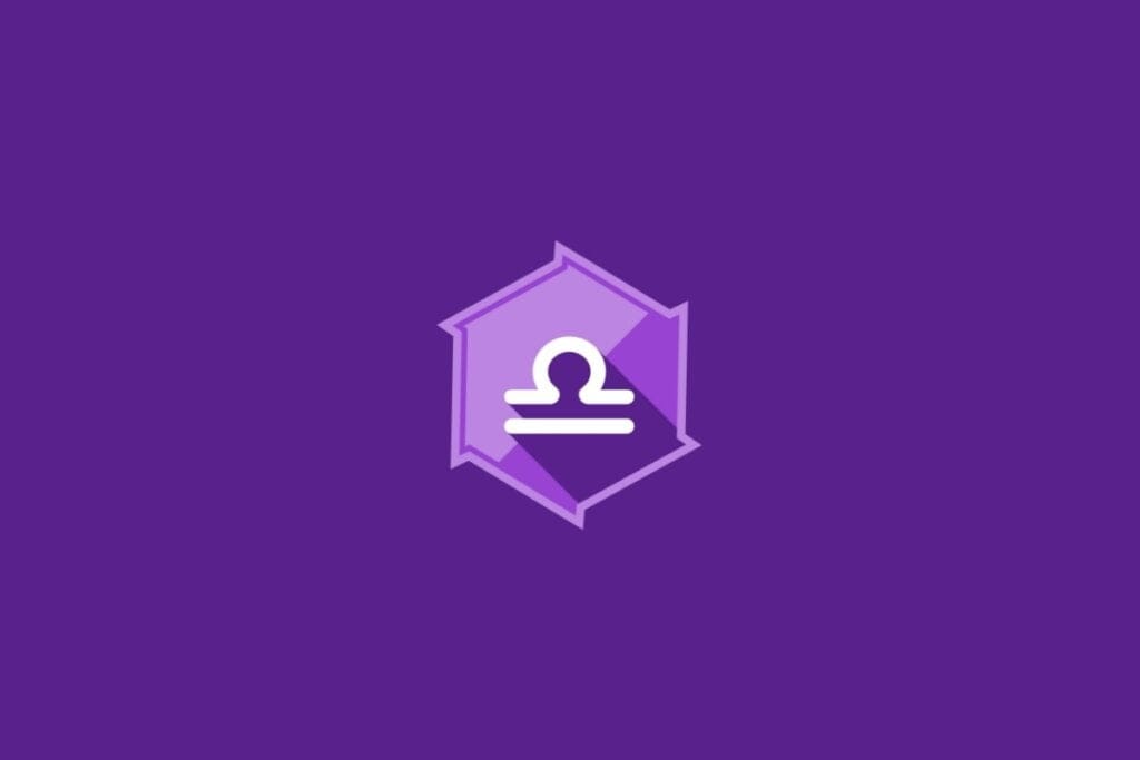 Ilustração do signo de Libra, em fundo roxo, com símbolo formado por uma linha reta e um semicírculo sobre ela