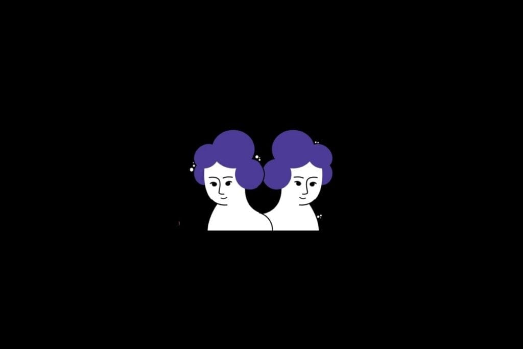 Ilustração do signo de gêmeos nas cores branco e roxo em um fundo preto