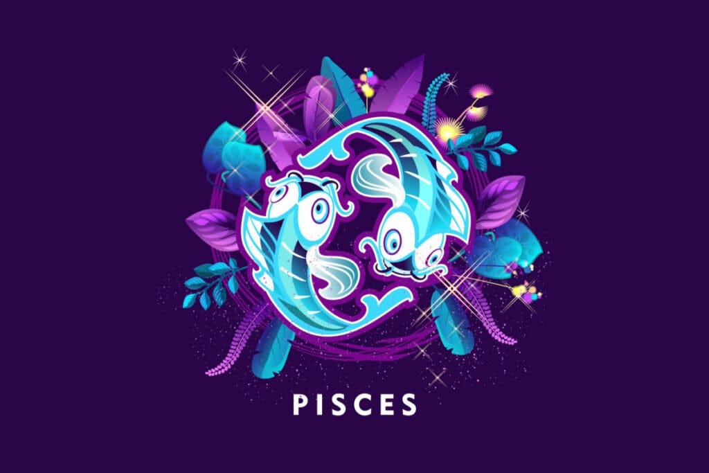 Símbolo do signo de Peixes em um fundo roxo