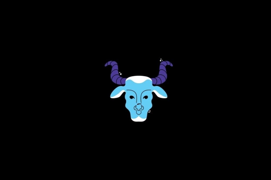 Ilustração do signo de touro nas cores azul e roxo em um fundo preto