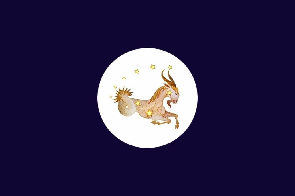 Ilustração do signo de capricórnio em um círculo branco sobre um fundo azul-escuro