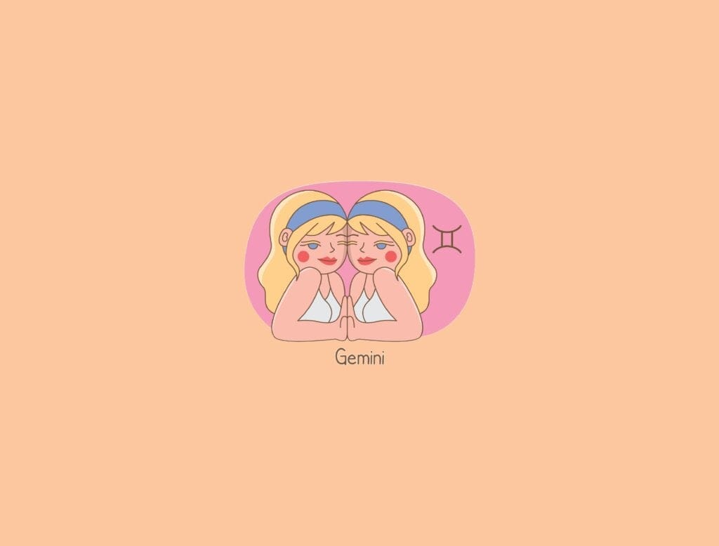 Ilustração de uma mulher ao lado do símbolo do signo de gêmeos