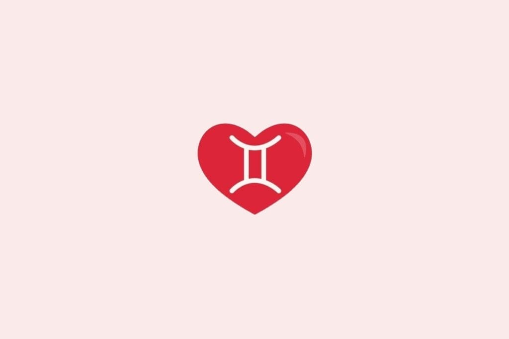 Ilustração do signo de gêmeos em um coração vermelho sobre um fundo rosa-claro