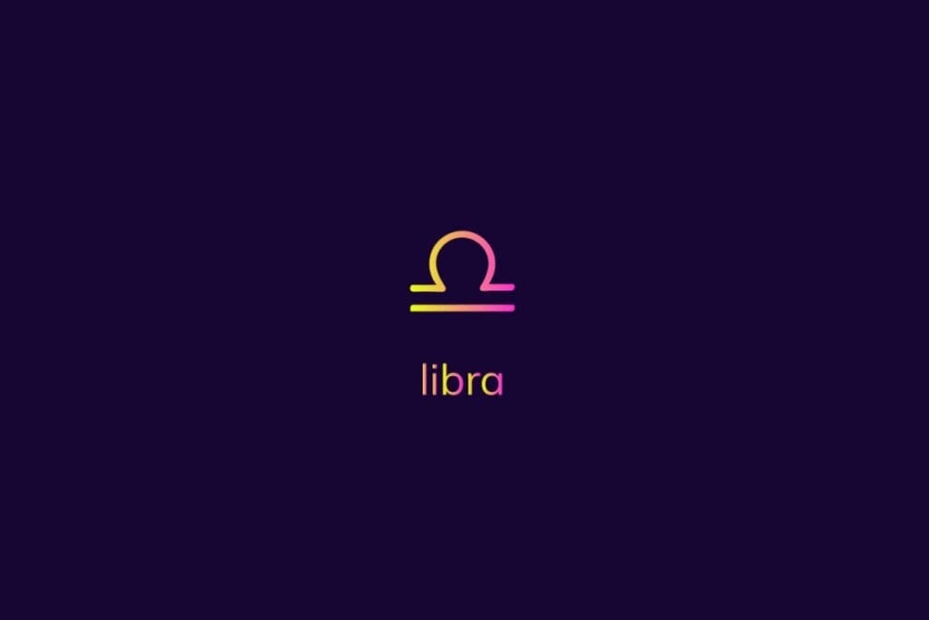 Ilustração do signo de libra na cor rosa e amarelo em um fundo azul-escuro