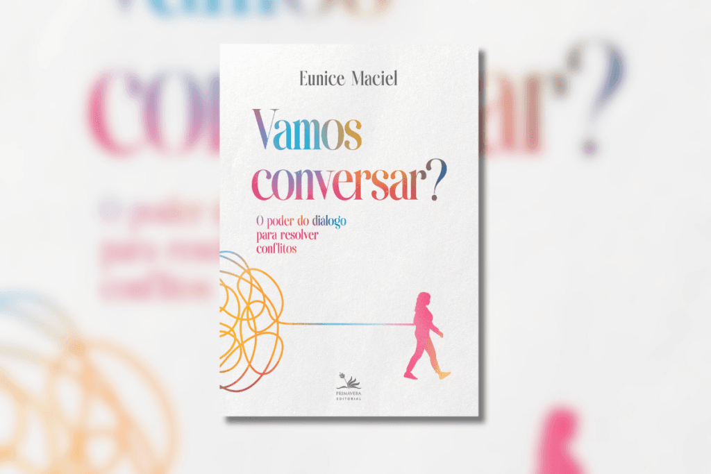 Capa de livro com título e nome do autor escrito em diversas cores e ilustração de uma mulher andando e deixando uma bola de linhas para trás