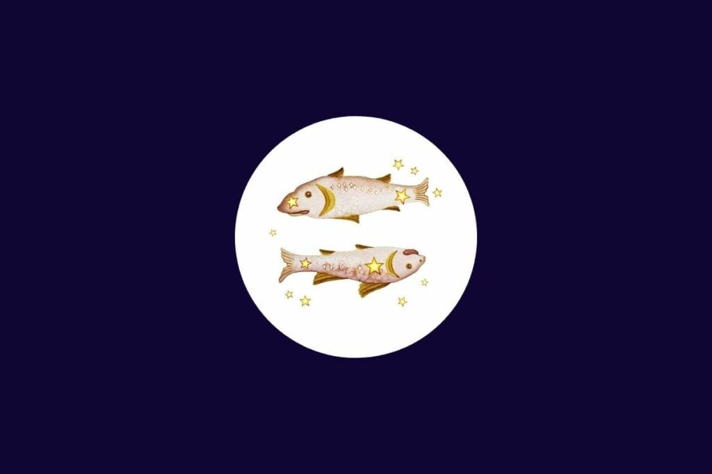 Ilustração do signo de peixes em um círculo branco sobre um fundo azul-escuro