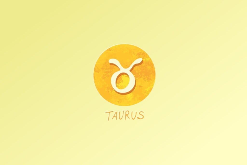 Ilustração do signo de Touro, com símbolo representado por um círculo com dois chifres curvos voltados para cima, em fundo amarelo