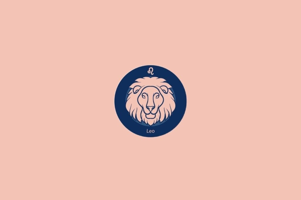 Ilustração do signo de Leão com uma cabeça de leão em fundo azul e rosa