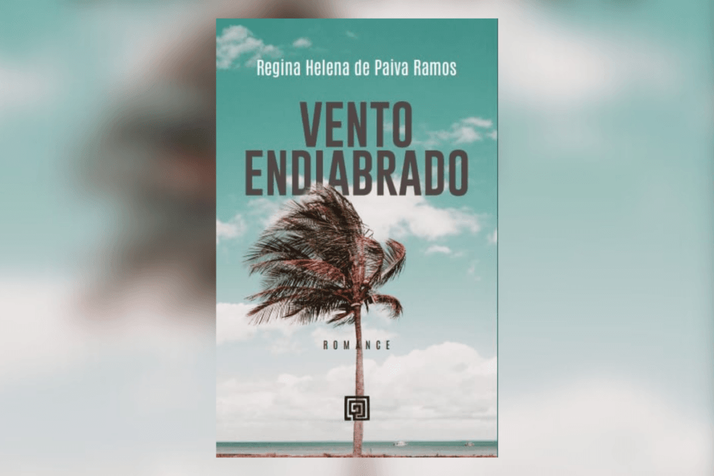 Capa do livro "Vento Endiabrado", de Regina Helena de Paiva Ramos, com uma palmeira torta pelo vento à beira-mar sob céu azul-claro
