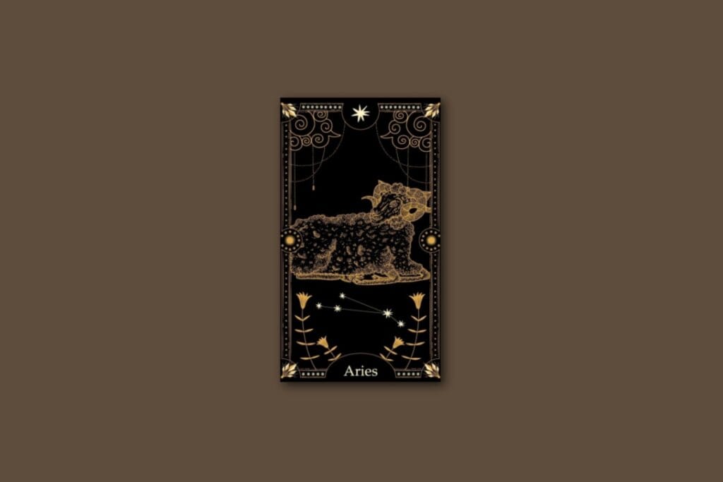 Ilustração de uma carta preta, com o desenho do signo e da constelação de touro, com borda dourada e estrelas