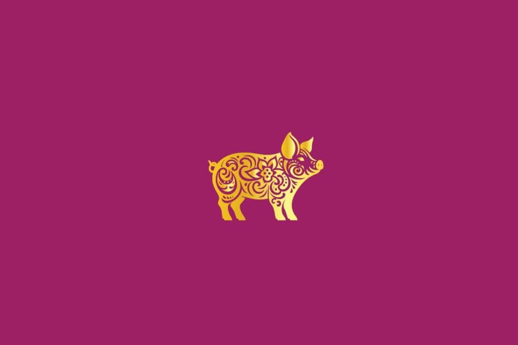 Ilustração de um javali dourado em um fundo rosa-escuro