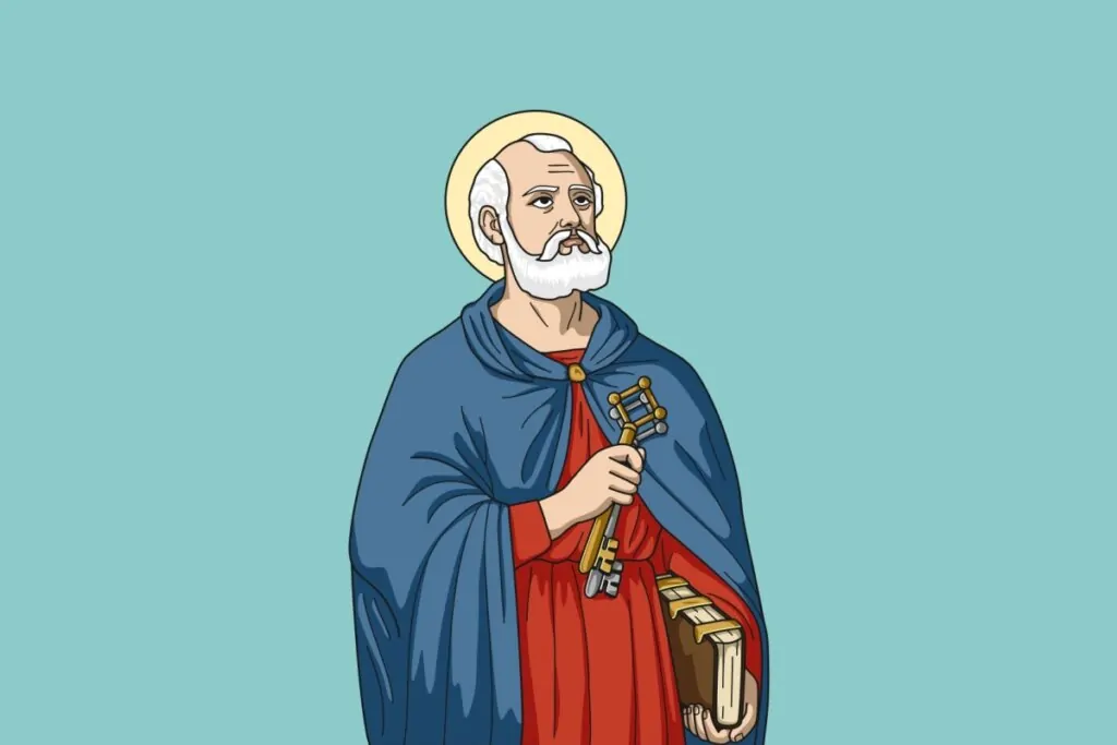 Ilustração de São Pedro com barba e cabelo branco, usando um manto vermelho e azul, em pé em um fundo verde-claro