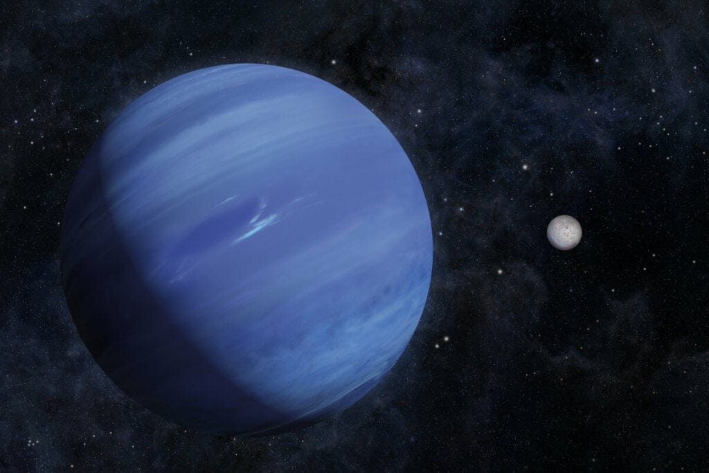 Ilustração do planeta Netuno no espaço e rodeado por estrelas