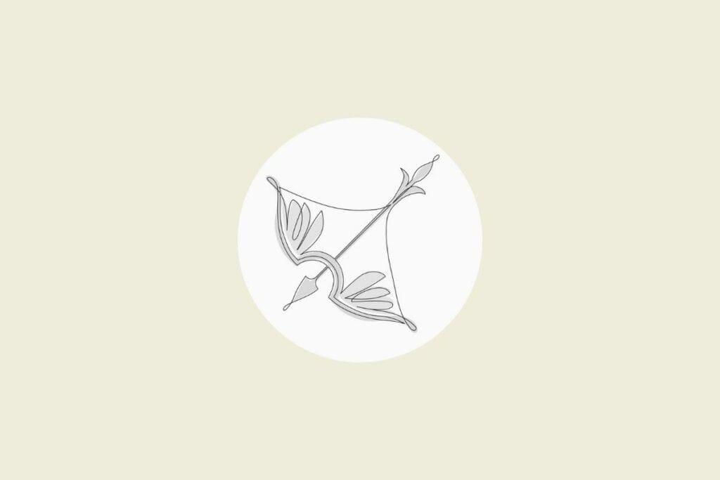 Ilustração do signo de sagitário em preto e branco, dentro de um círculo, sobre um fundo bege-claro