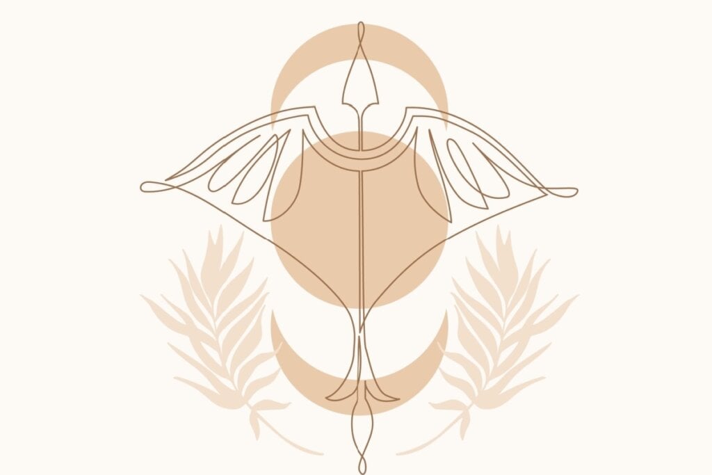 Ilustração com folhas do signo de Sagitário em um fundo rosa