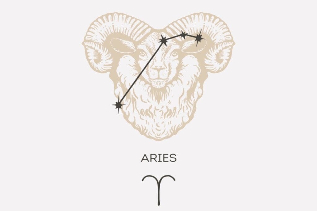 Ilustração e constelação do signo de Áries em um fundo cinza