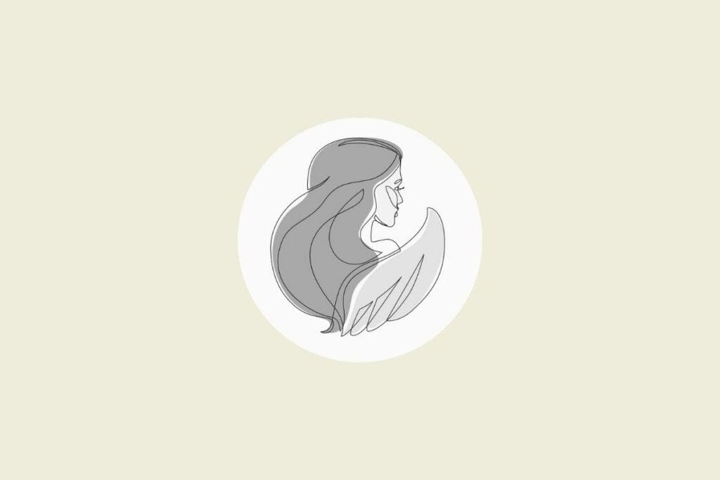 Ilustração do signo de virgem em preto e branco, dentro de um círculo, sobre um fundo bege-claro