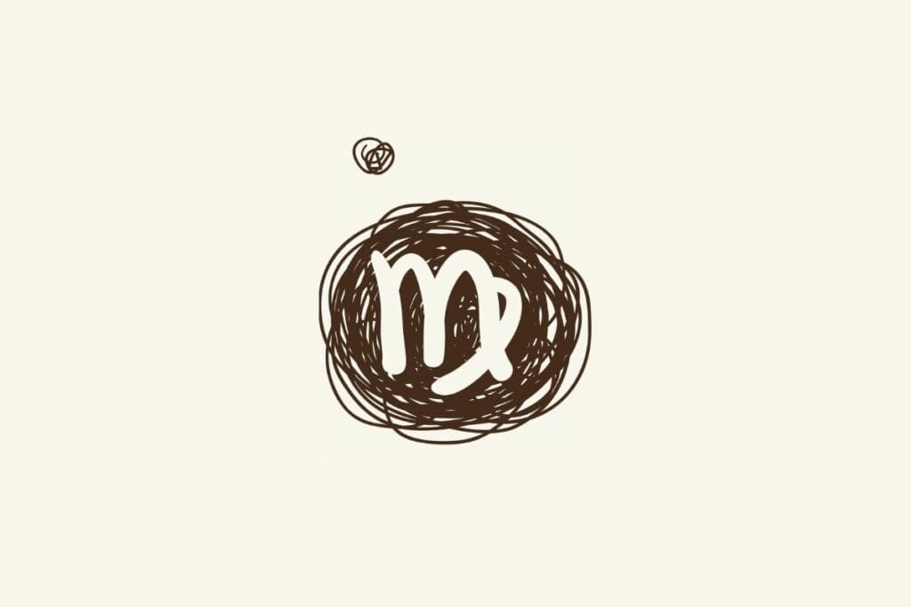 Ilustração do símbolo do signo de virgem sobre um rabisco marrom, com fundo bege-claro.