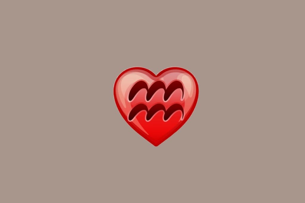 Ilustração do signo de Aquário, em fundo amarronzado, com um coração vermelho ao centro contendo duas linhas onduladas paralelas