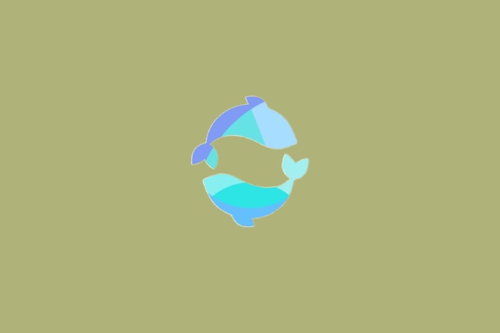Ilustração de dois peixes azuis nadando em direções opostas formando um círculo, com nadadeiras estilizadas, sobre fundo verde