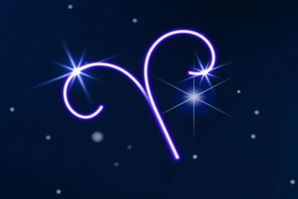 Símbolo do signo de Áries roxo em fundo com pontos de luz simbolizando as estrelas 